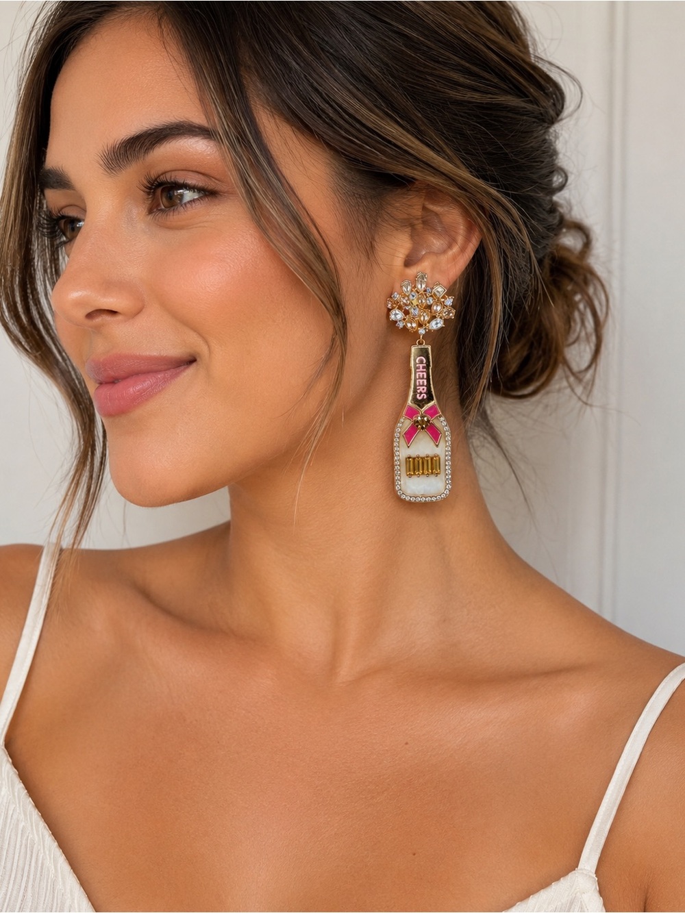 NWT Ruff-Skch Cheers Champagne Bottle Rhinestone Statement Earrings